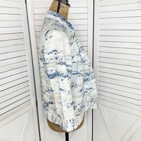 Chico’s Watercolor Linen Blend Open Front Topper Jacket White Blue Small - Picture 3 of 14